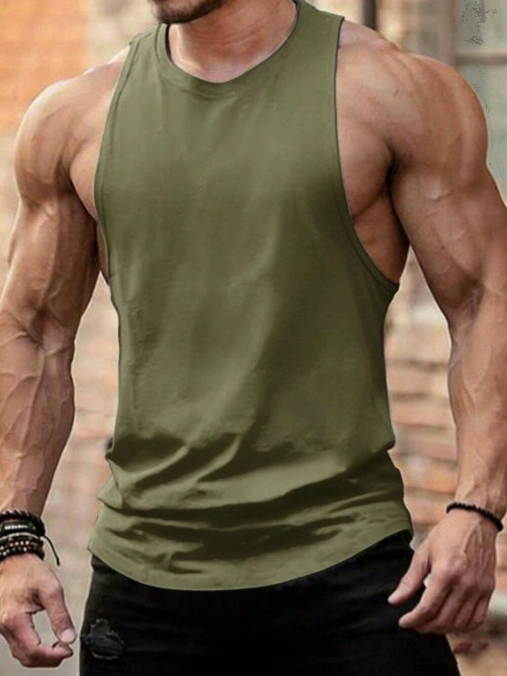Dark Green Casual Men's Plain Round Neck Sleeveless T-Shirt